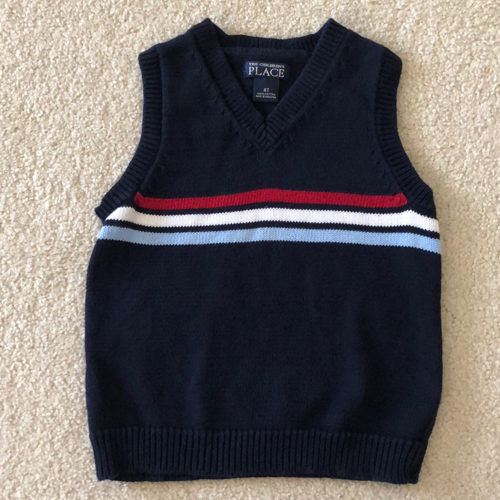 The Children’s Place V Neck Sweater Vest Size 4T Navy w/Stripes